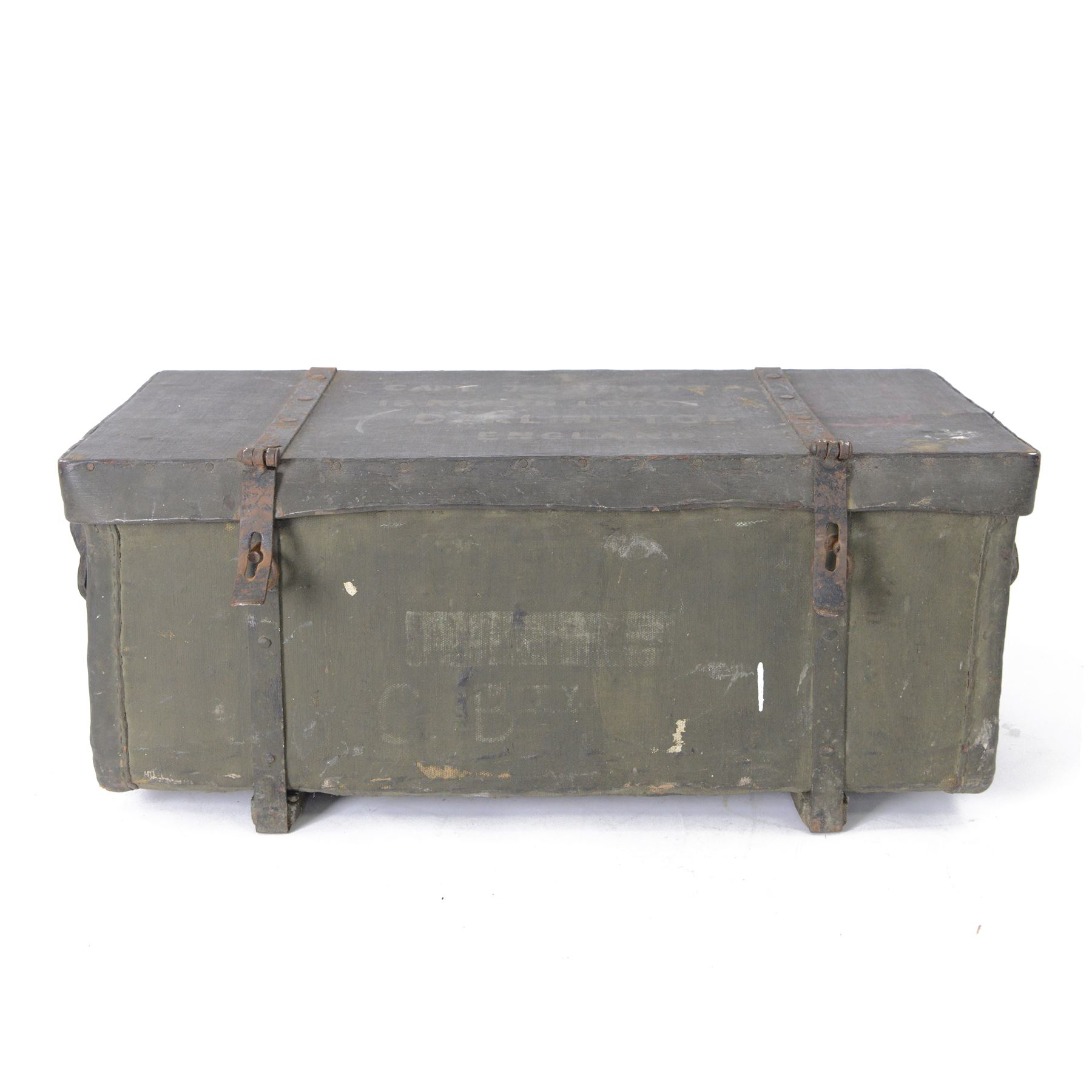 WWII portable trunk with canvas and wooden top and sides, fitted wicker interior with ammunition holders to the lid and makers tag Finch & Sons Ltd, Gloucester, painted to cover 'CAPT J.S.JEWITT 18 NORTH LODGE DARLINGTON ENGLAND', H32CM, L76cm