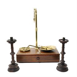  Large set of 19th century brass Apothecary Scales on mahogany single drawer base W56cm an...