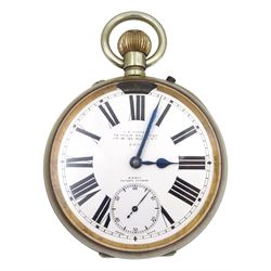 Early 20th century goliath keyless Swiss lever pocket watch by M M & Co, patent No. 10292, retailed by J. C. Vickery 'To Their Majesties 179-181-183 Regent Street', with light attachment, white enamel dial with Arabic numerals and subsidiary seconds dial, case No. 3499292, in fitted case