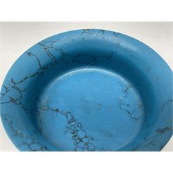 Carved single piece turquoise bowl with fluted rim, upon a raised footed base, D10cm, H5cm