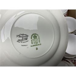 Royal Staffordshire Dinnerware by Clarice Cliff Nancy pattern dinner wares, including sauce boat, dinner plates, side plate and serving platter, together with a collection of Colclough Wayside Honeysuckle pattern tea wares