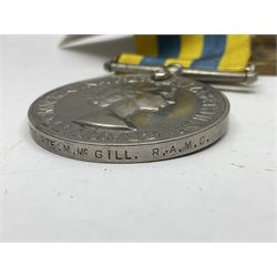 Korean War group of three medals comprising ERII Korea Medal awarded to 22307852 Pte. M. McGill R.A.M.C., UN Korea Medal and ERII General Service Medal with Malaya clasp to 22307852 Cpl. M. McGill R.A.M.C.