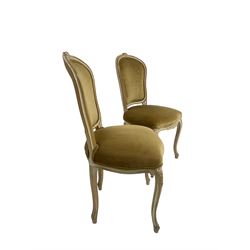 Pair of French style lined beech bedroom chairs, upholstered seat and backs