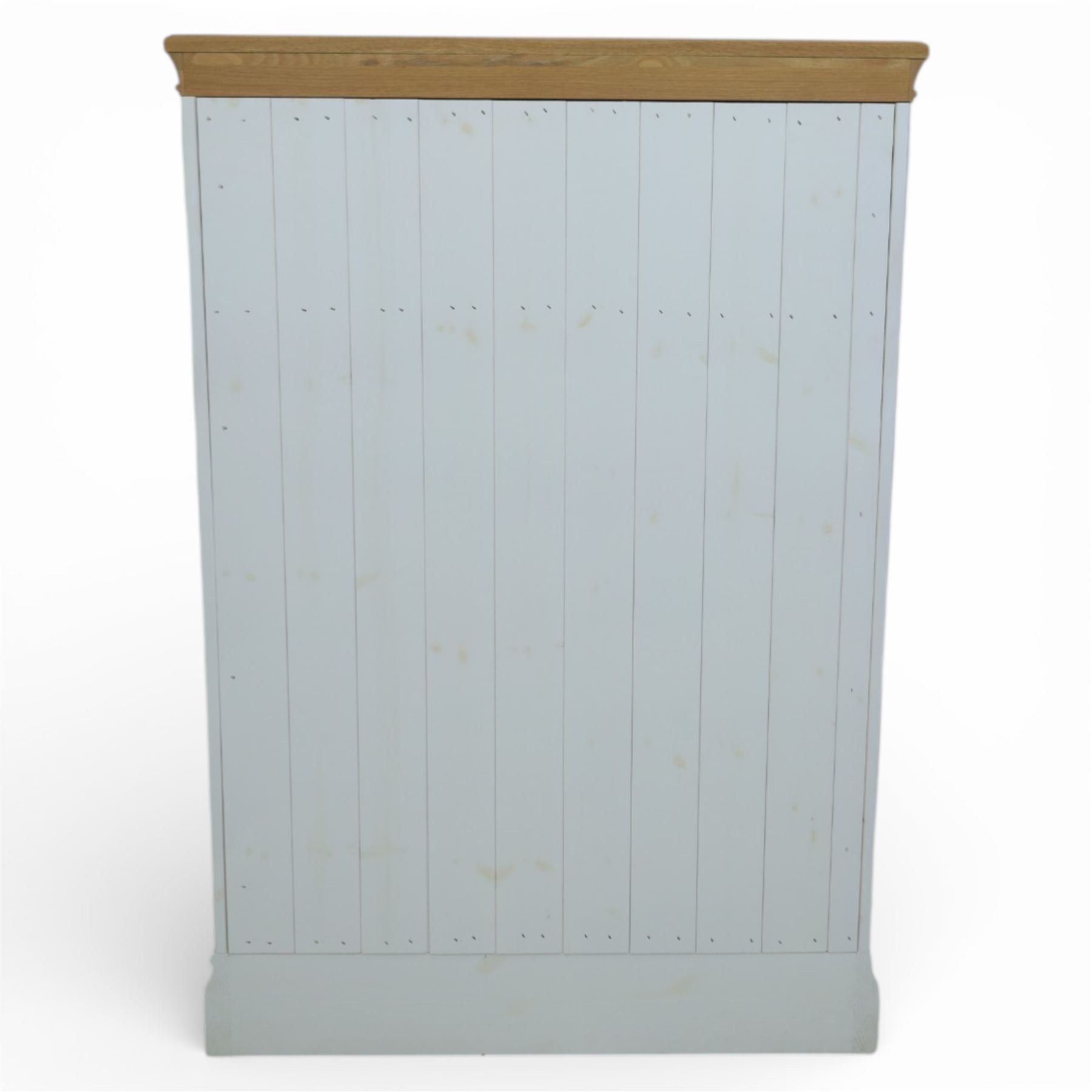 Modern chest of two short and three long drawers in white finish with oak moulded top, with metal cup handles, raised on a moulded plinth base