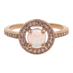 Rose gold on silver opal and cubic zirconia ring, stamped 925
