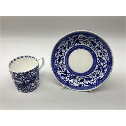 Late 19th Century pot lid bearing ‘The Residence of Anne Hathaway, Shakespeare’s Wife’ below printed decoration of thatched houses and animals scene, Royal Crown Derby Chinoiserie pattern coffee can and saucer, Rd No 758225, and an oval trinket box with gilt decoration bearing interlaced L mark to base (4)