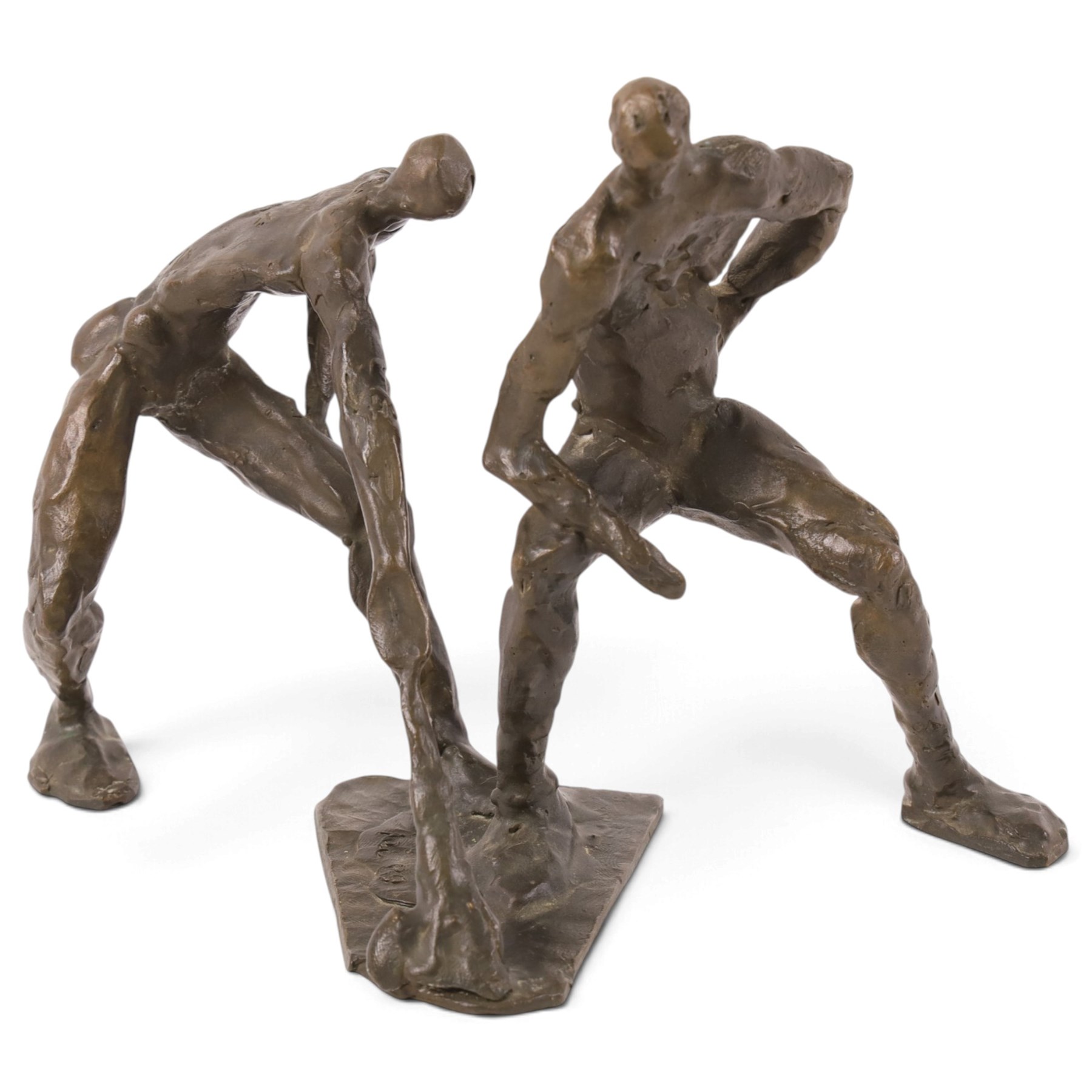 Modernist School (mid-20th century) - bronze cast sculptures depicting two abstract bronze figures, signed Lei and dated 1989, H16.5cm