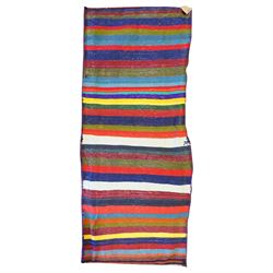 North East Persian Turkoman saddle bag, traditional double pouch form, each panel woven with vertical bands of small geometric motifs on ivory ground, framed by multiple horizontal borders of angular tribal ornament of hooked devices and steeped lozenges, reverse with stripped coloured flatweave bands 