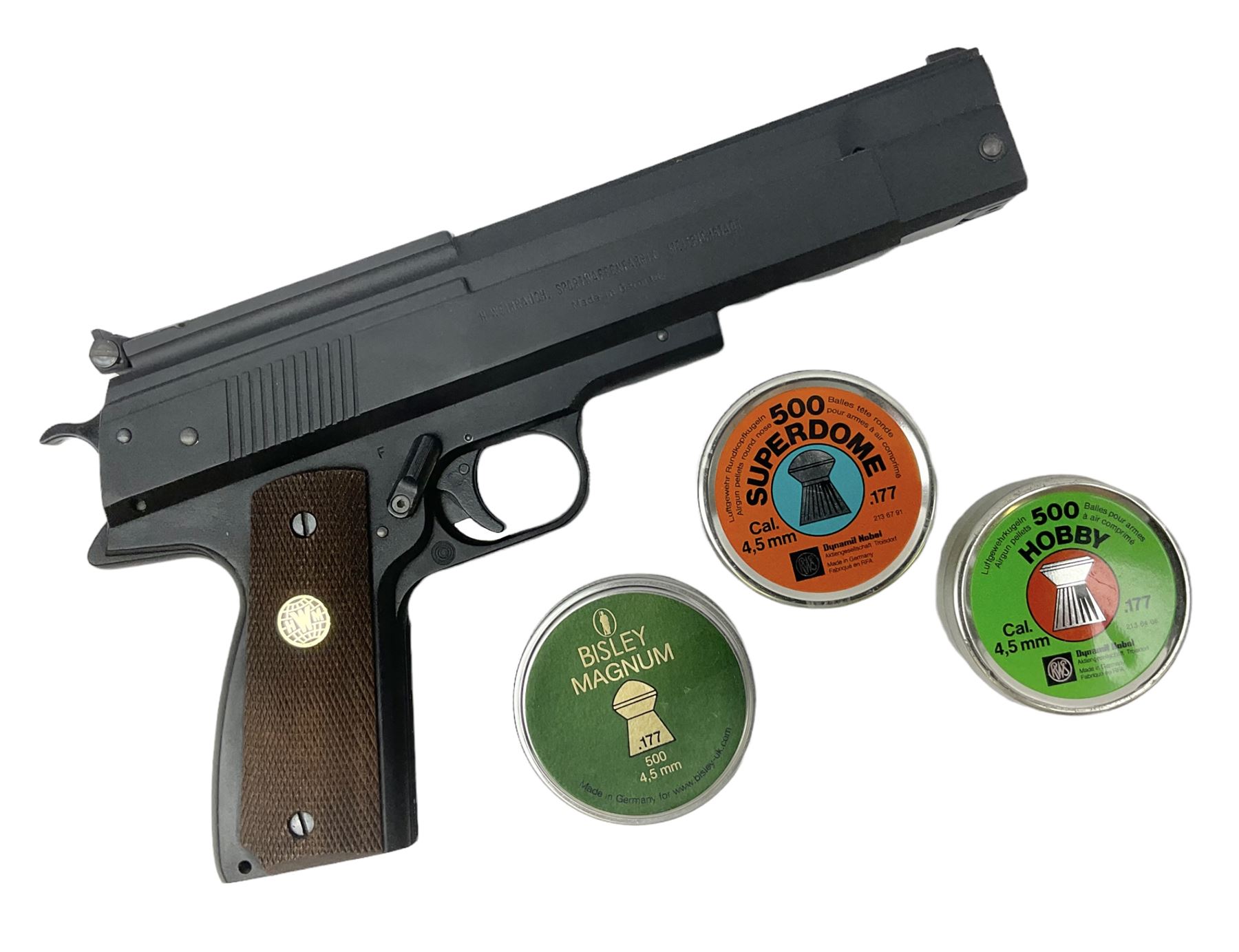 H. Weihrauch HW45 air pistol, .177 calibre, over-lever mechanism, chequered grip No.372679 L31cm; and quantity of pellets