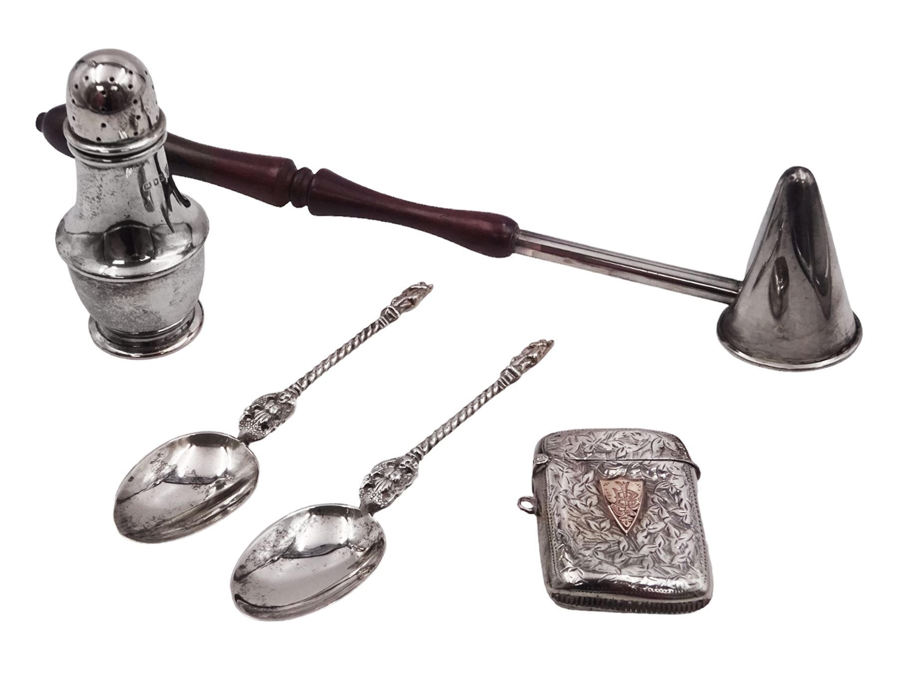 Group of silver, comprising 1930s pepper, of typical plain form, hallmarked Harrods Ltd, London 1938, together with an Edwardian vesta case, with engraved foliate decoration and monogramed rose gold shield cartouche, hallmarked G Loveridge & Co, Birmingham 1901, a pair of Victorian apostle top spoons, with pierced figural twisted stems, hallmarked Martin, Hall & Co, Sheffield 1864 and a modern silver candle snuffer with turned wooden handle, hallmarked R&D, Sheffield 2004