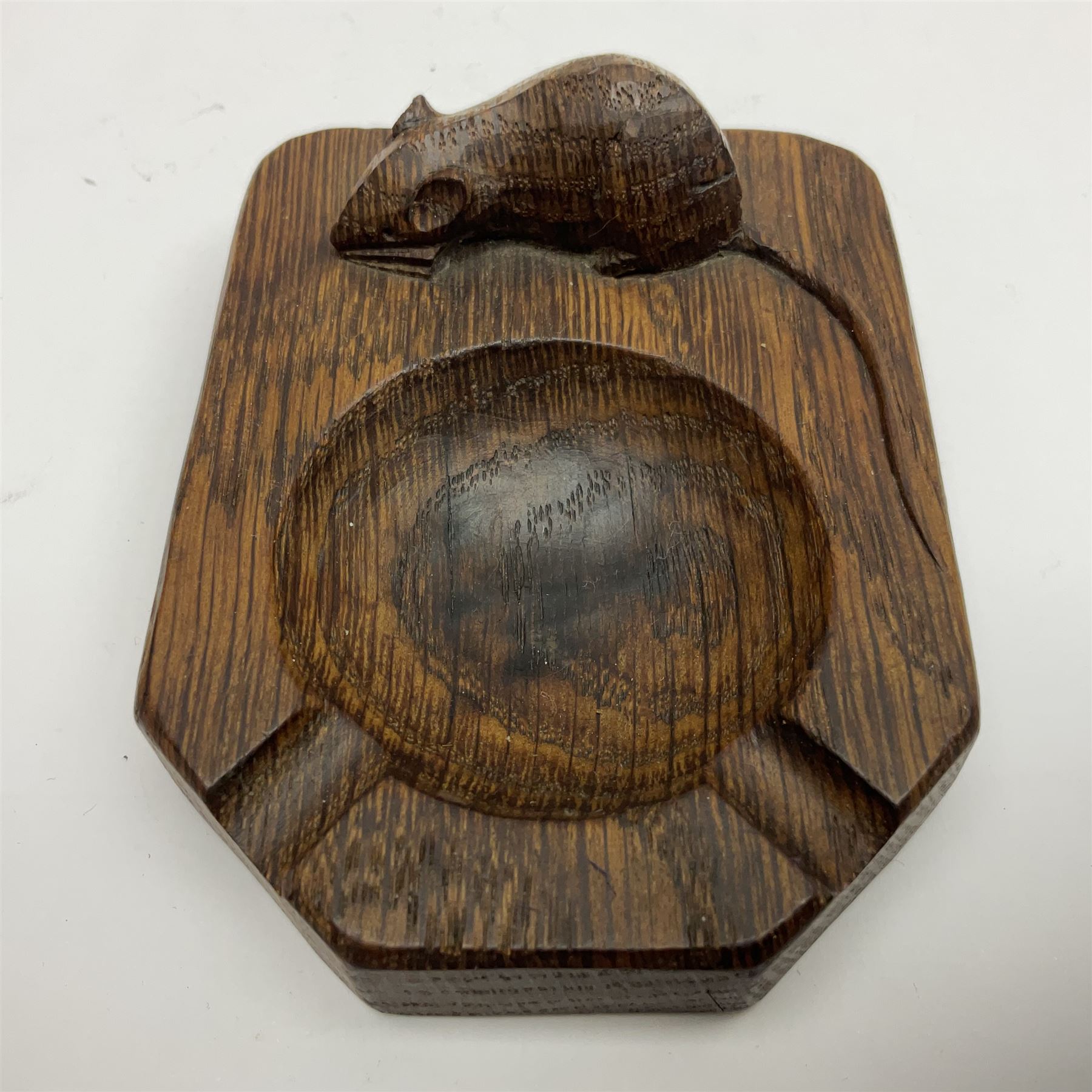 Mouseman - oak ashtray, rectangular form with rounded and canted corners, carved with mouse signature, by the workshop of Robert Thompson, Kilburn