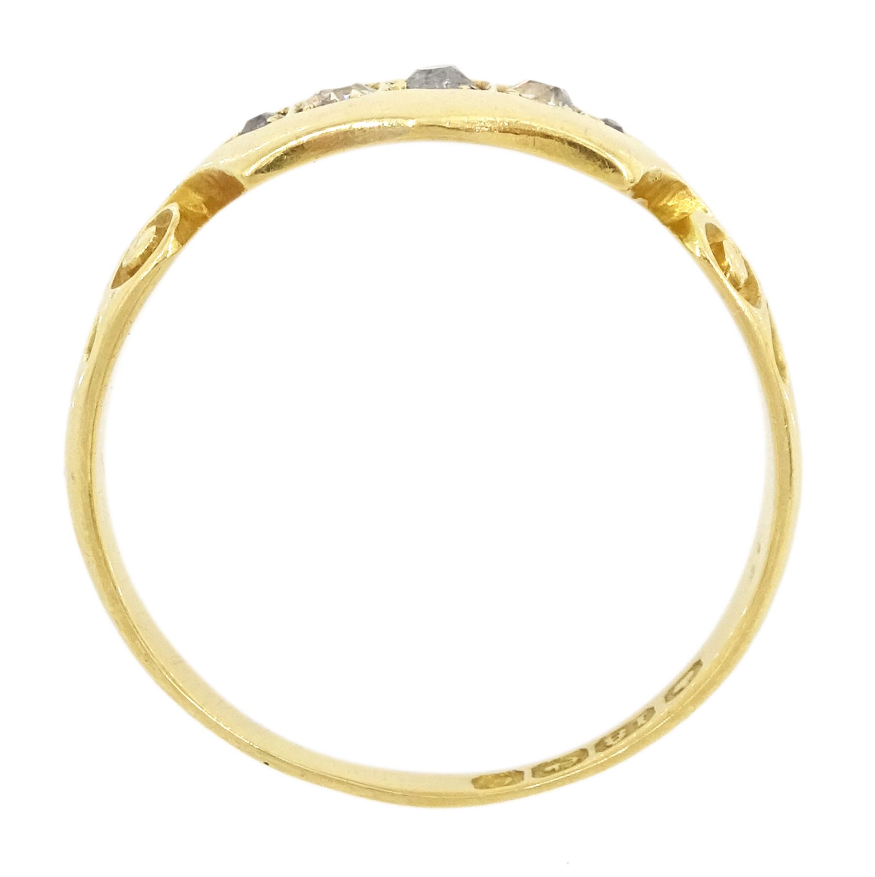 Edwardian 18ct gold, five stone old cut diamond ring, with scroll design shoulders, Birmingham 1904
