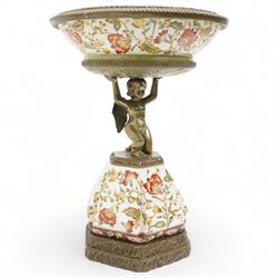 Wong Lee comport, with polychromatic enamel floral decoration, the stem formed as kneeling cherub, marked to base, H37cm 