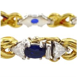 18ct gold eight oval cut sapphire and sixteen trillion cut diamond bracelet, total diamond weight approx 3.25 carat, total sapphire weight approx 4.50 carat