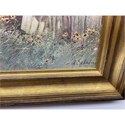 After Claude Monet (French 1840 - 1926): 'San Giorgio Maggiore', colour print; After Adolf Sehring (American 1930-): Summer Daydream, textured print; after John Trickett (British 1952-): Spaniel Puppy, colour print signed together with two needleworks (5)