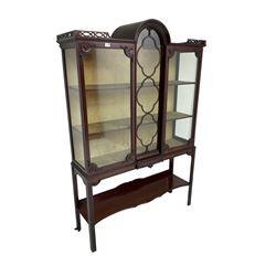 Edwardian mahogany display cabinet, arched top and enclosed by two glazed door, lined interior fitted with two shelves, on square supports with blind fretwork decoration joined by shaped undertier
