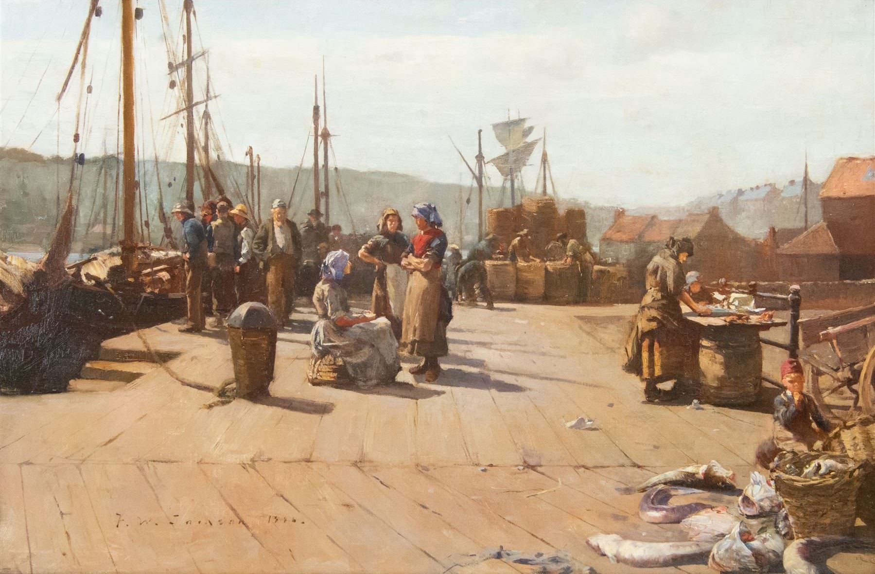Frederick William Jackson (Staithes Group 1859-1918): Sorting Fish on Whitby New Quay, with Larpool Woods in the distance, oil on canvas signed and dated 1886, 54cm x 80cm 
Notes: for a watercolour of almost identical composition dated 1893, see Sotheby's Sussex 18 July 2001 Lot 199