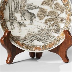 Chinese Yongzheng period saucer, finely painted in grisaille with buffalo within a rocky landscape, the inner rim with iron red and gilt foliate band, D11.5cm