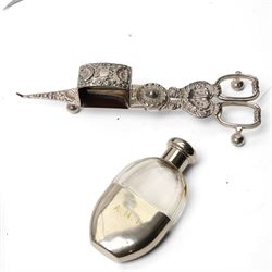 Silver plated items including chafing dish with revolving cover, circular salver, small hip flask, snuffing scissors, milk jug, sugar bowl etc