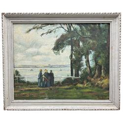 Edward Bishop (British 1902-1997): Figures by a Lake, oil on board signed with initials 40cm x 50cm