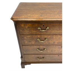George III oak chest, moulded rectangular top with canted corners, fluted quarter column uprights, fitted with two short and three long cock-beaded drawers, on bracket feet