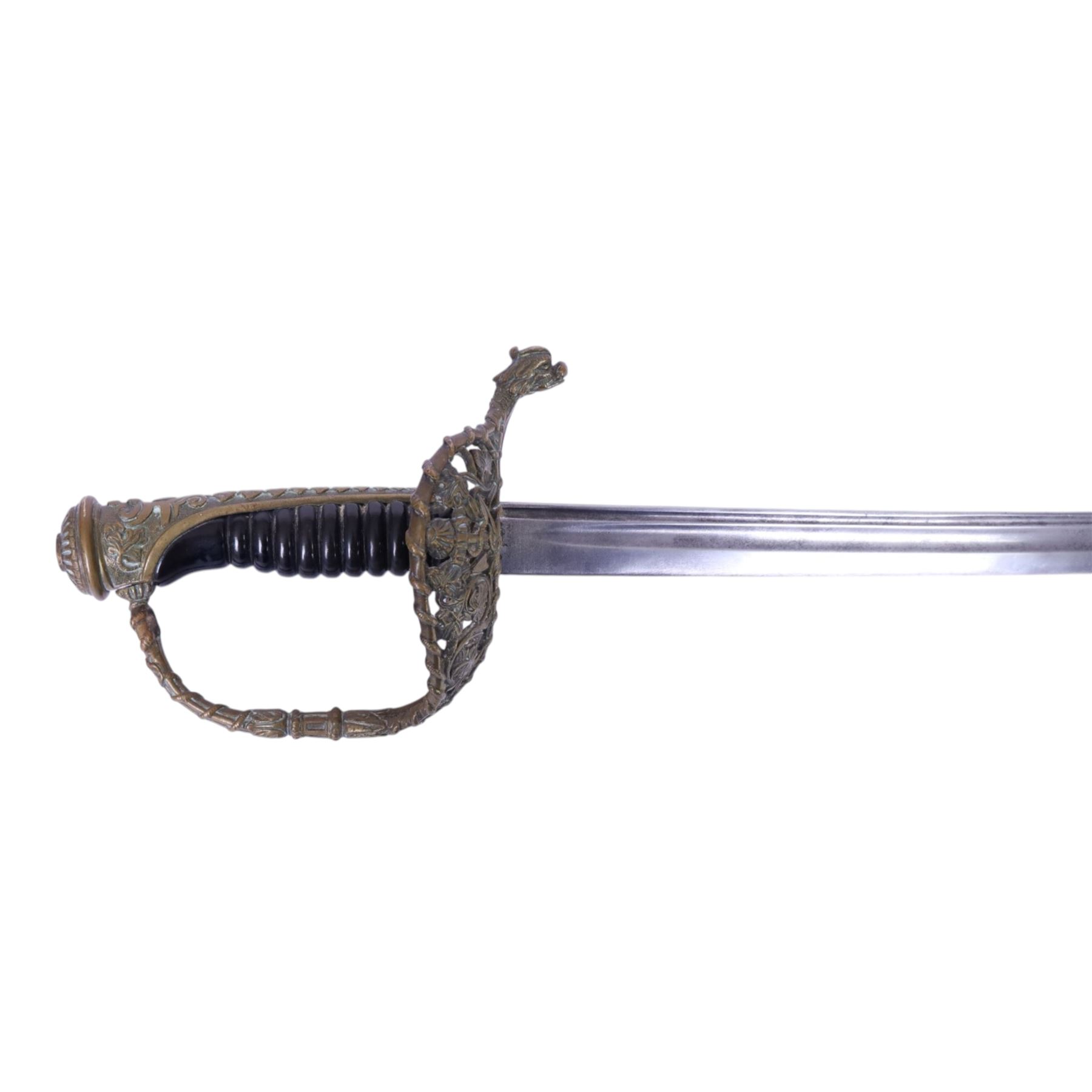French 1837 pattern officers sword, 70cm single edged blade, with pierced brass hilt, ribbed grip, with brass mounted leather scabbard, L85cm
