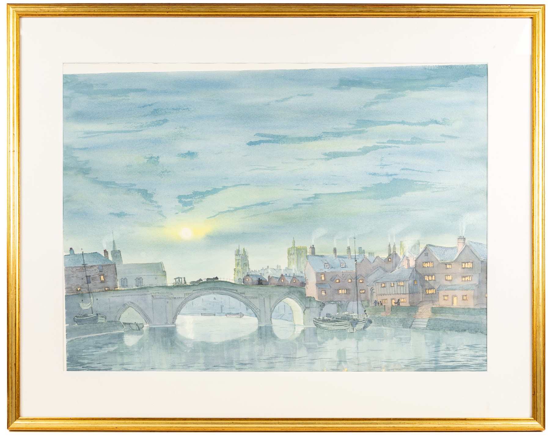 English School (20th century): Ouse Bridge at Dusk, watercolour possibly signed below the mount 51cm x 71cm; Glen Marshall (British Contemporary): A Yorkshire Countryside Path, watercolour signed 51cm x 71cm, in matching gilt frames (2)