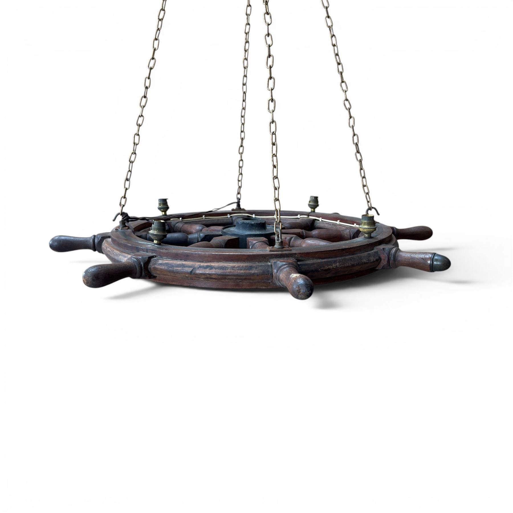 Mid 20th century ships wheel chandelier with four brass bulb fittings