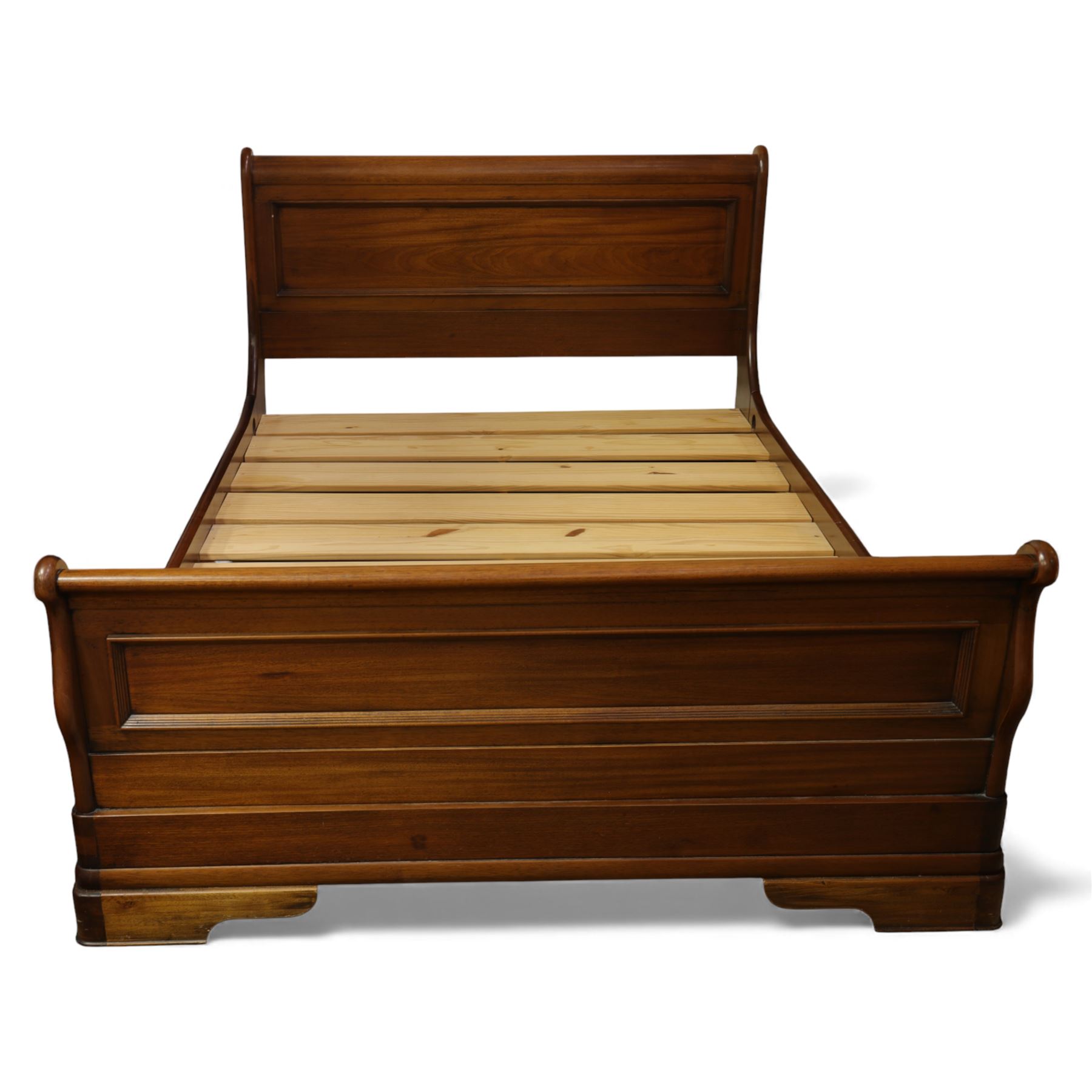 Willis & Gambier - French cherry wood double sleigh bed, with moulded panelled headboard and footboard, each with scroll ends, raised on shaped plinth supports