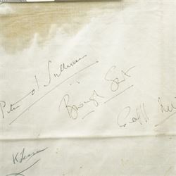 Signed saddle cloth, previously on display in the Mount Royale Hotel, York, autographed by various visiting jockeys and racing related television persons, to include Pat Eddery, Brough Scott, John McCririck, Peter O Sullivan, Willie Carson and others, frame 85cm x 69cm 