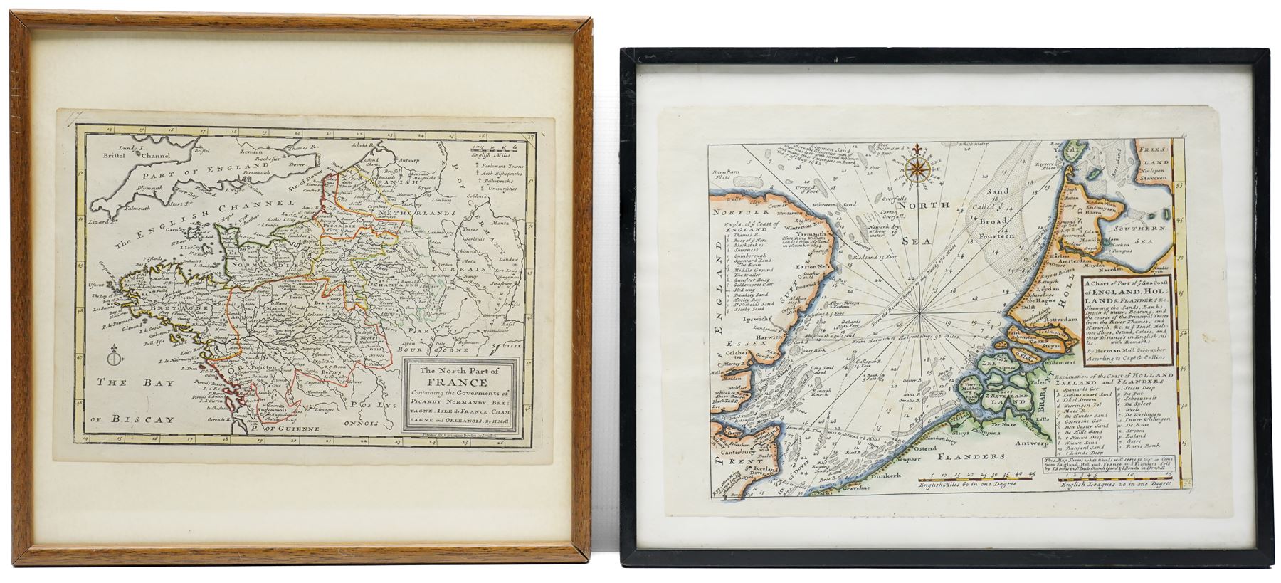 Herman Moll (British c.1654-1732): 'A Chart of Part of ye Sea Coast of England Holland & Flanders...', early 18th century engraved map with hand-colouring after Captain Greenvile Collins, sold by T. Bowles in St Paul's Church Yard and J. Bowles in Cornhill 23cm x 32cm; and 'The North Part of France Containing the Governments of Picardy, Normandy, Bretagne, Isle de France, Champagne and Orleanois', early 18th century engraved map with original hand-colouring pub. Carington Bowles 20cm x 18cm (2)