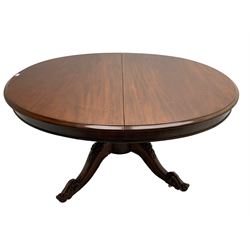Victorian mahogany extending oval dining or breakfast table, turned octagonal vasiform pedestal on four splayed supports carved with scrolls and flowers, terminating in brass and ceramic castors 