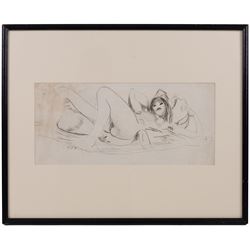 Attrib. Nina Hamnett (Welsh 1890-1956): Reclining Nude, ink on paper 17.5cm x 39cm; Rupert Lee (British 1887-1959): Bird Study, pencil on paper signed, unglazed. The Court Gallery label verso 12cm x 20cm (2)