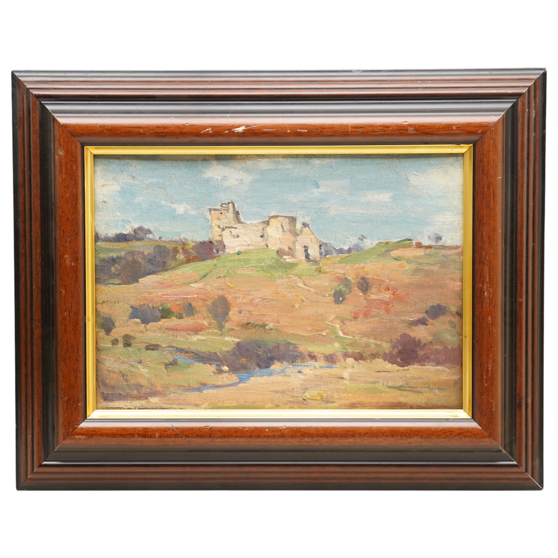 Crichton Miller (Scottish 20th century): Castle on the Hill, oil on board signed 24cm x 34cm