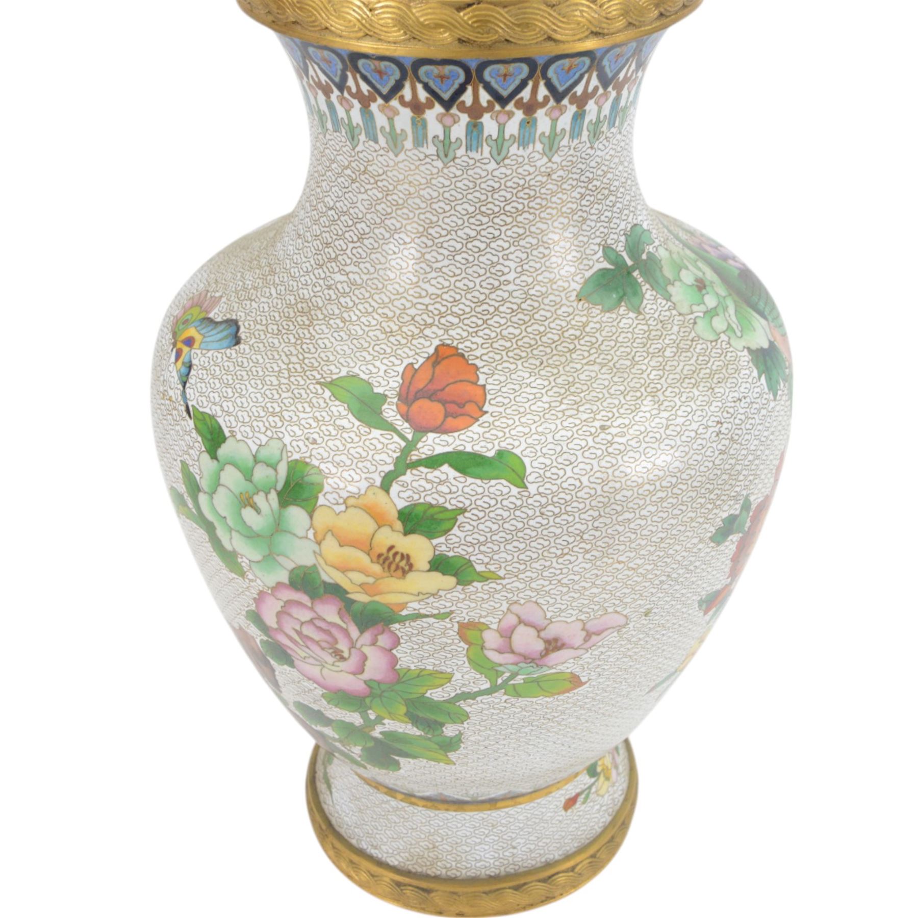 20th century Chinese cloisonné vase, of baluster form, decorated with two peacocks amongst peonies on a white cloud pattern ground, H38cm 