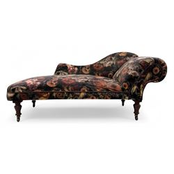 Victorian hardwood-framed chaise longue, serpentine back with rolled arm, upholstered in f...