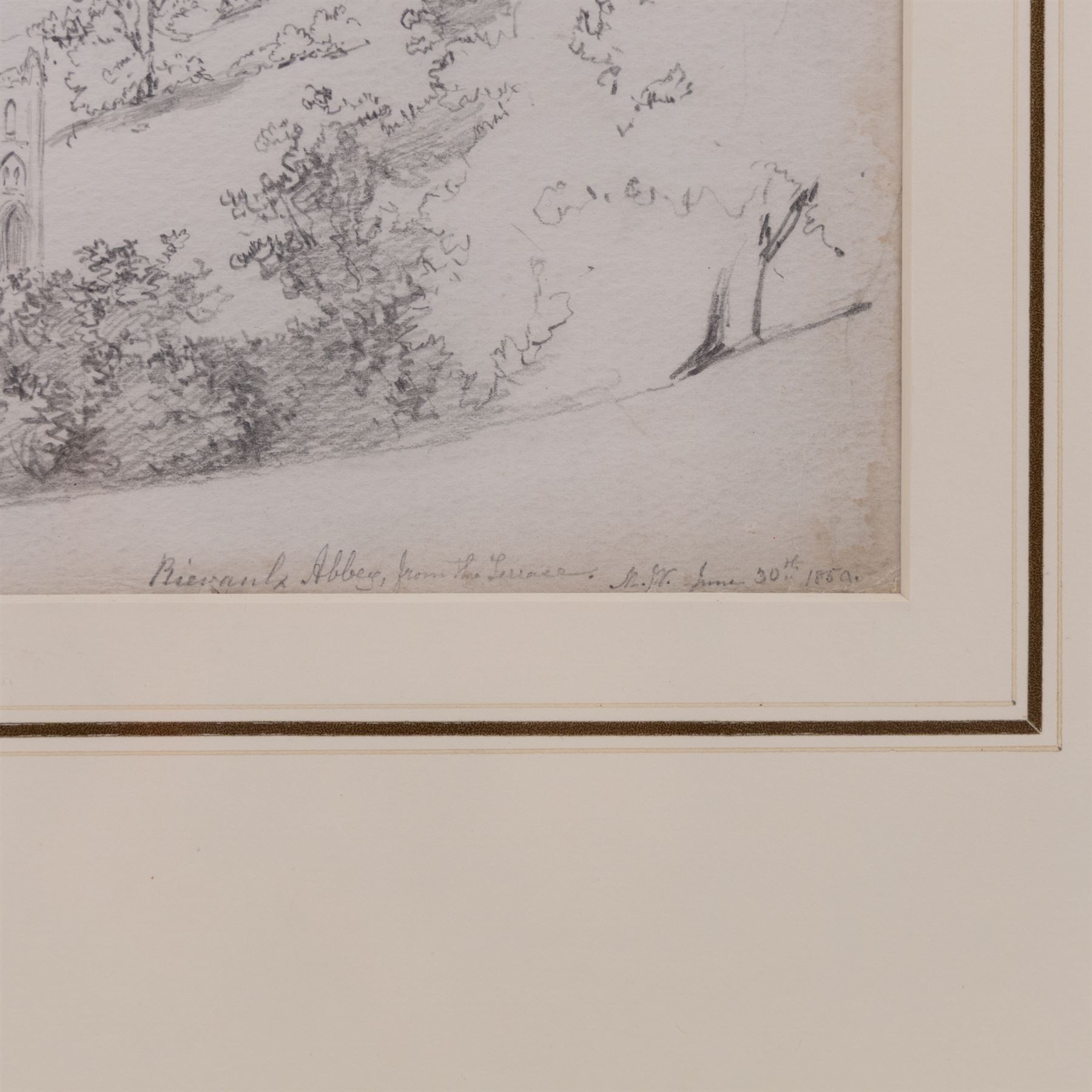Mary Weatherill (British 1834-1913): 'Rievaulx Abbey from the Terraces', pencil sketch signed with initials, titled and dated 1850, 25cm x 36cm 