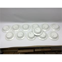 Royal Copenhagen tea and dinner service for twelve place settings, decorated in the Mega Blue Fluted pattern, pattern number 622, comprising dinner plates, salad plates, bowls with pierced rim, smaller bowls, tea cups, and saucers, dinner plates D27.5cm, salad plates D22cm