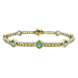  14ct white and yellow gold green tourmaline and yellow sapphire link bracelet, stamped