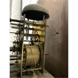 Richardson of Selby - late 19th century oak and mahogany longcase clock c 1860, with a swan necked pediment and brass paterie, break arch hood door flanked by ring turned pilasters,  oak trunk with crossbanding and a small inlaid trunk door, tall plinth with panel inlay with a shaped base,
painted dial with depictions of matching farm animals to the spandrels and a dog and small child to the arch, with Roman numerals, minute track, stamped brass hands, calendar aperture and seconds dial, weight driven rack striking movement, striking the hours on a bell. With weights and pendulum.