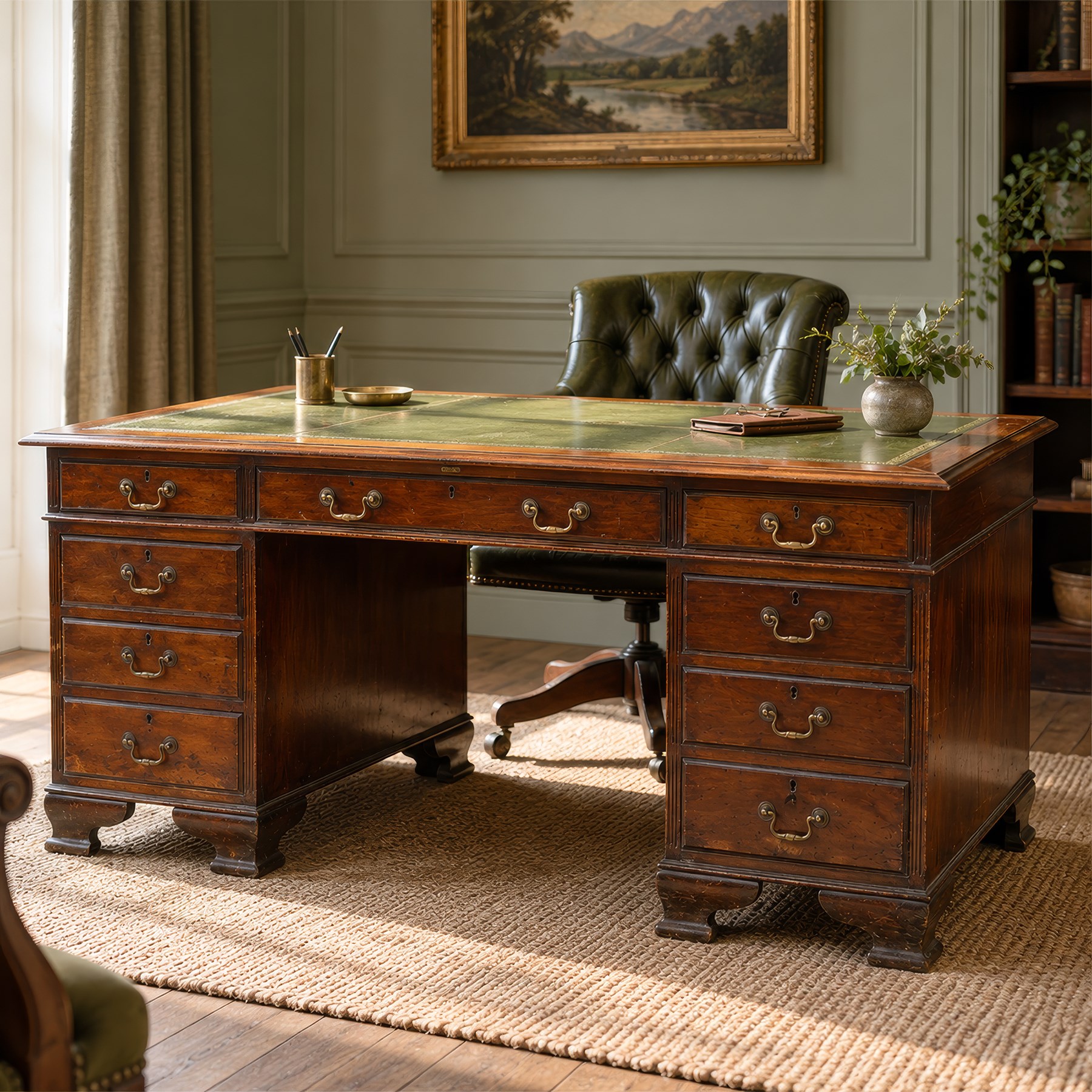 D Matthews & Son Office Furnishers (Liverpool) - Edwardian mahogany twin pedestal partners desk, rectangular top with inset green leather writing surface, fitted with an assortment of twelve drawers with brass swan neck handles, the pedestals with cupboards fitted to the opposing side, raised on ogee bracket feet