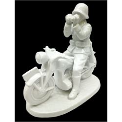 Neundorf figure modelled as a soldier seated upon a stationary motorcycle looking through binoculars, with printed mark beneath, H23cm