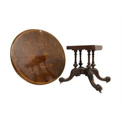 Victorian figured walnut loo table, oval moulded top with quarter matched veneers, on quadruple turned pillar base, acanthus carved splayed supports with scrolled terminals
