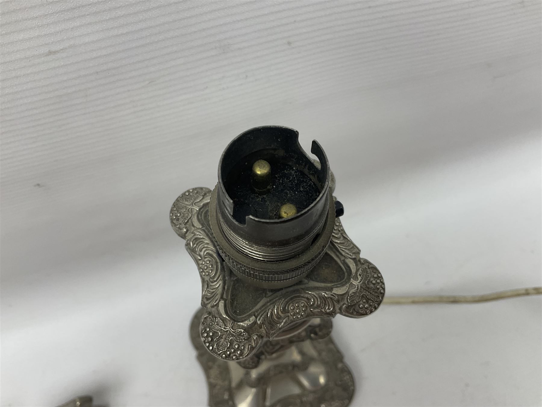 Pair of Corinthian column candlesticks, and a silver plated lamp, candlesticks H26cm