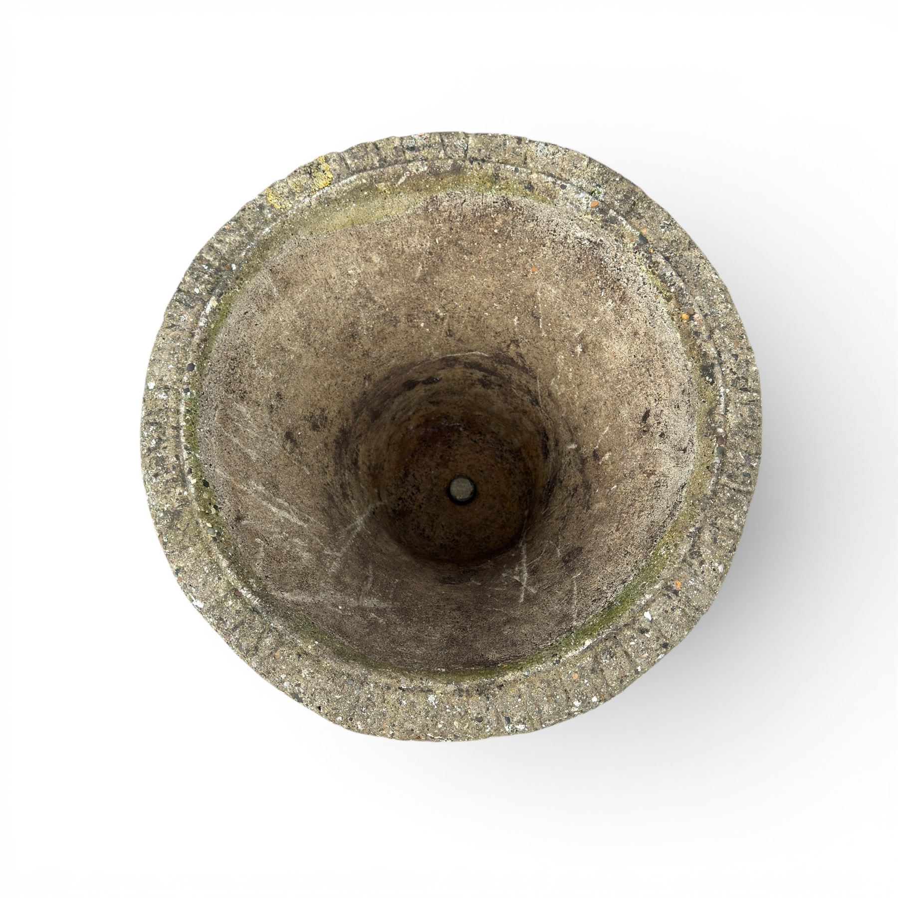 Greek design cast stone garden centre-piece urn, decorated with figures and loop handles, raised on squat pedestal, square base
