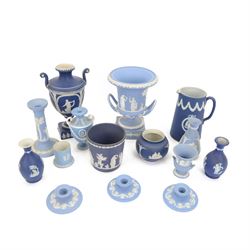 Wedgwood Jasperware twin handled vase with fluted rim, together with Tunstall jasperware twin handled urn and other jasperware 