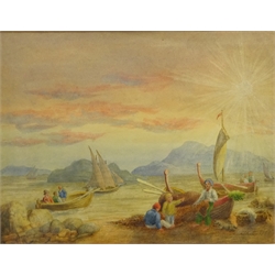  Sorting the Catch on the Shoreline, 19th century watercolour signed with initial M R and dated 1858 and Venetian Fishing Boats, watercolour signed A J Thornton 24cm x 32cm and 37cm x 14cm (2)  