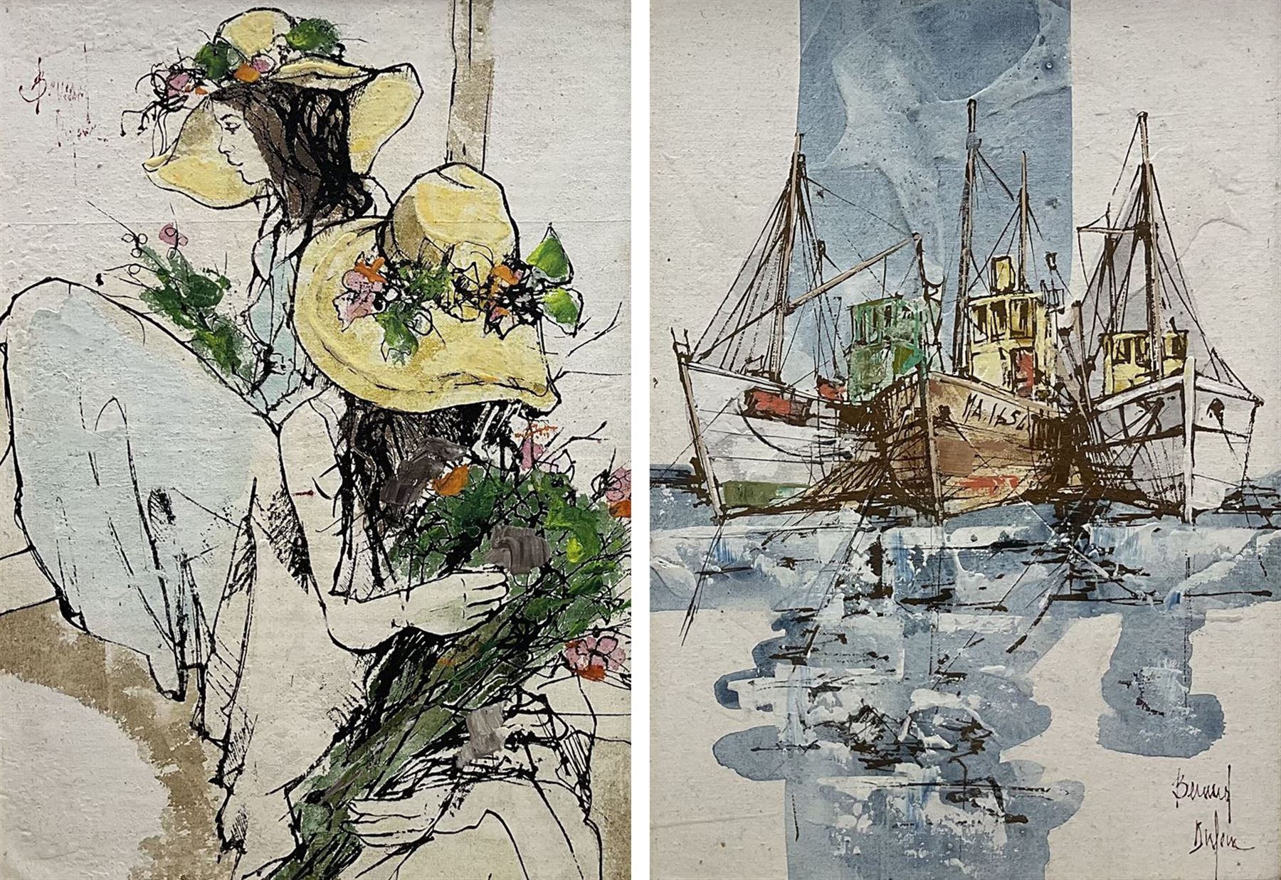 Bernard Dufour (French 1922-2016): Two Ladies in Hats and Boats Moored, pair oils on canvas board signed 44cm x 31cm (2)