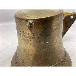 Ship's bell inscribed 'Metal Ex H.M.S. Rodney Dismantled Inverkeithing 1949' H18.5cm with hanging bracket