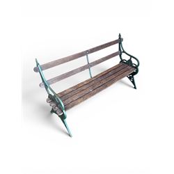Coalbrookdale - Lily Pad design cast iron an wood slatted garden bench, late 19th century Aesthetic Movement, no. 217569, painted in green with iron centre support and seat stretcher, hardwood slatted